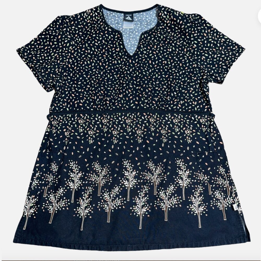 Cherokee Studio Scrub Top Shirt Womens Medium Black Brown Leaves Trees Fall READ